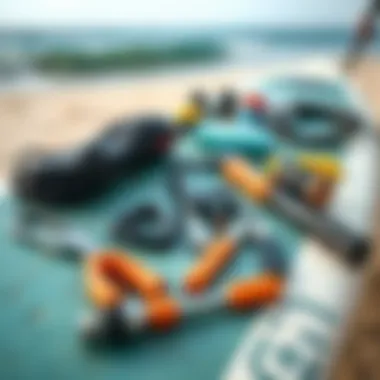 Kitesurf Maintenance Tools Various tools and maintenance gear for kitesurfing equipment laid out on a surfboard