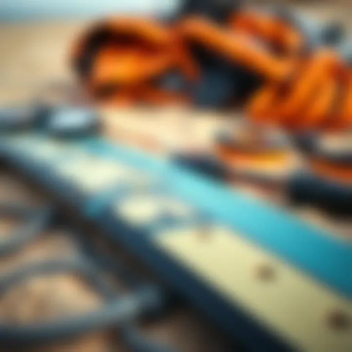 Essential Kitesurfing Gear Close-up of essential kitesurfing gear laid out on a sandy beach