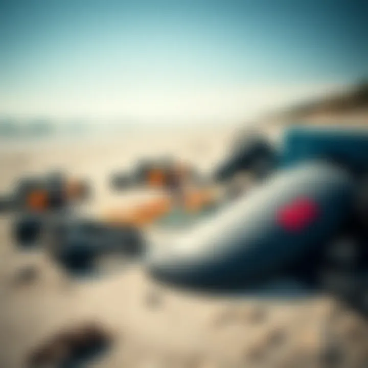 Close-up of kitesurfing gear laid out on the beach