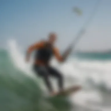 An instructor guiding a novice kitesurfer through a training session amidst the waves of Dubai.