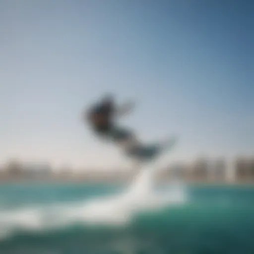 A vibrant kitesurfer soaring above the azure waters of Dubai, capturing the thrill of the sport.