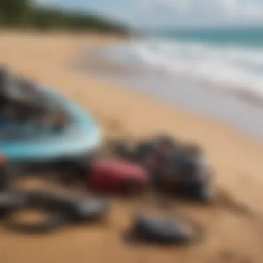 An overview of kitesurfing equipment laid out on a beach in Maui