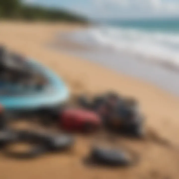 An overview of kitesurfing equipment laid out on a beach in Maui