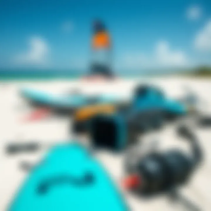 Essential Kitesurfing Gear Kitesurfing gear laid out on a sandy beach