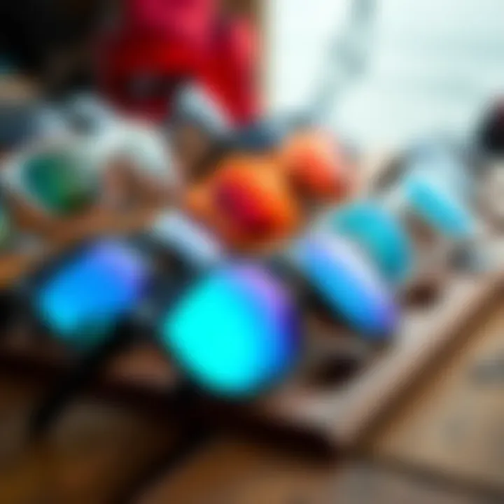Diverse Range of Kitesurfing Sunglasses Diverse range of kitesurfing sunglasses displayed on a wooden surface
