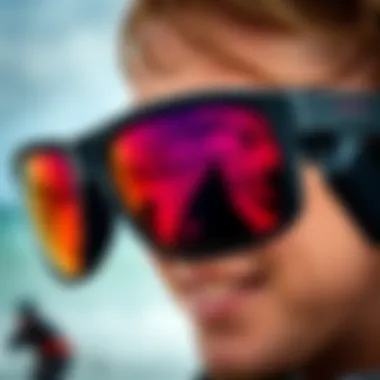High-Quality Lens Technology in Kitesurfing Sunglasses Close-up of high-quality lens technology in kitesurfing sunglasses