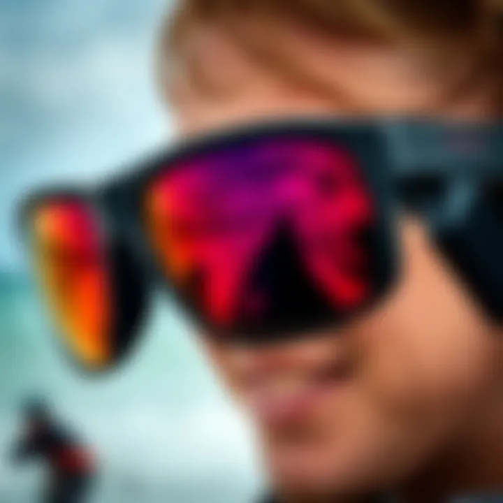High-Quality Lens Technology in Kitesurfing Sunglasses Close-up of high-quality lens technology in kitesurfing sunglasses