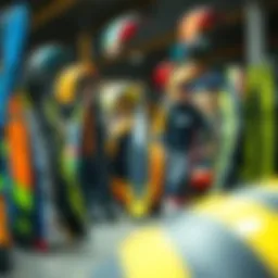 A collection of kitesurfing gear displayed in a warehouse