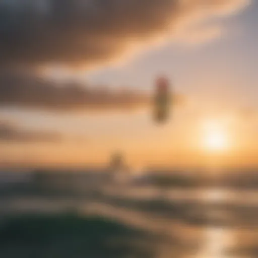 A breathtaking view of kiteboarders riding the waves against a vibrant sunset.