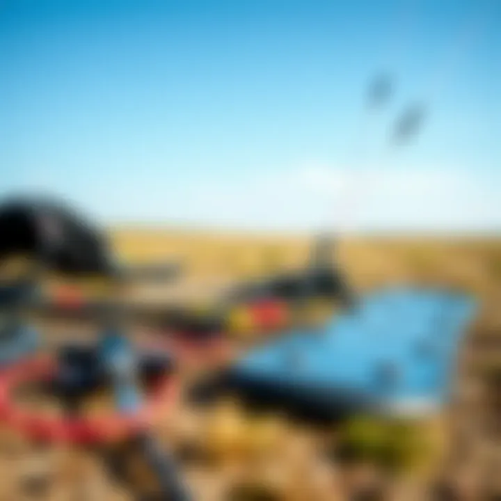 Essential Gear for Land Kiteboarding Close-up of specialized land kiteboarding equipment laid out against a backdrop of open fields