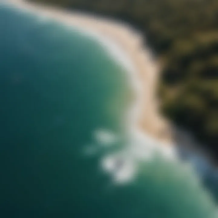 Aerial view of a scenic kiteboarding location with Liquid Surf and Sail gear