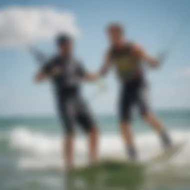 A kiteboarding instructor guiding a student at the center