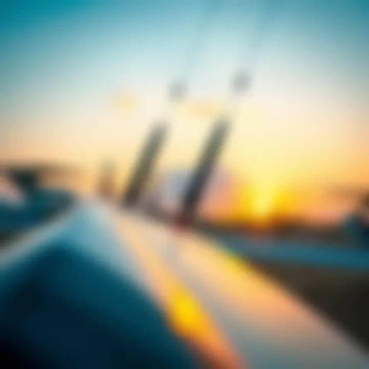 Kite Setup at Sunset Close-up of a kitesurfing board and kite setup against a stunning sunset backdrop.