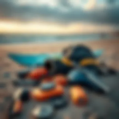 Kitesurfing Safety Gear Safety gear and equipment essentials for kitesurfing laid out on the beach.