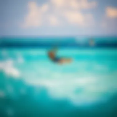 Thrill of Kitesurfing A vibrant kitesurfer gliding over the azure sea, showcasing the thrill of the sport.