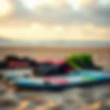 Kitesurfing gear laid out on the beach