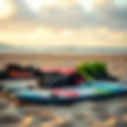 Kitesurfing gear laid out on the beach