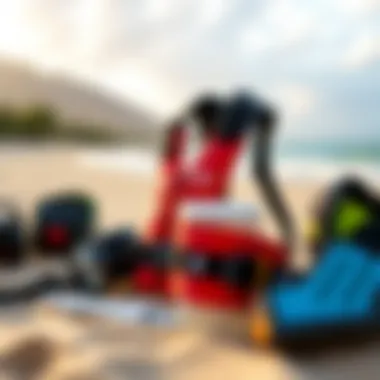 Safety gear for kitesurfing displayed on the sand