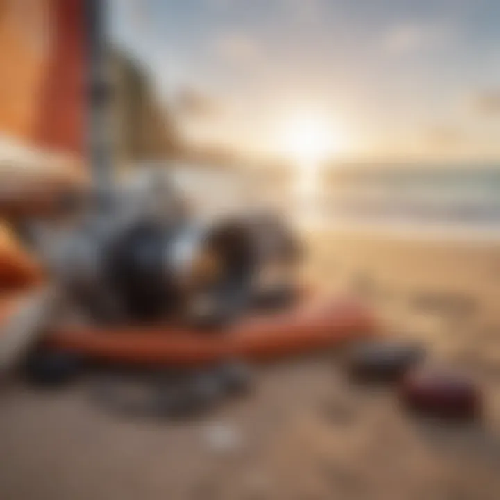 An array of professional sailing equipment arranged on a sandy beach.