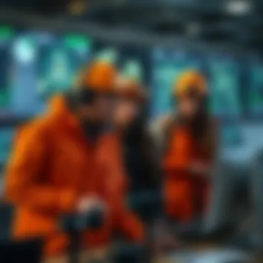 Meteorologists analyzing wind speed data using advanced technology