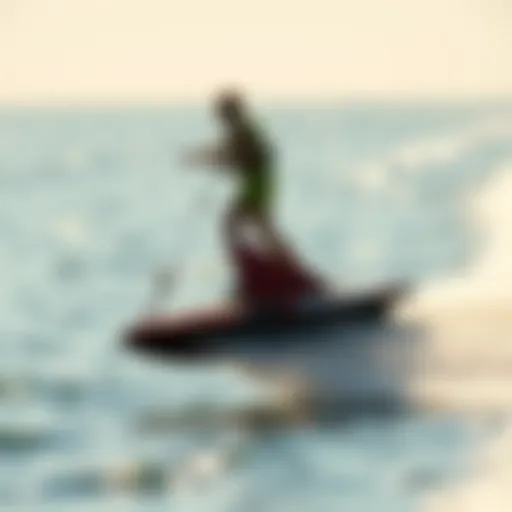 A motorized wake foil board gliding over water