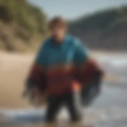 Dynamic view of the Mystic Changing Poncho in action on the beach