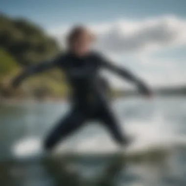 Kiteboarder wearing a Mystic wet suit in action on the water