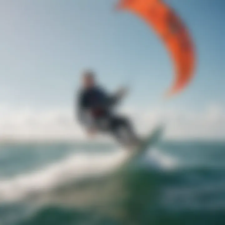 A scenic shot of kitesurfers gliding over the water, illustrating the thrill and excitement of the sport.