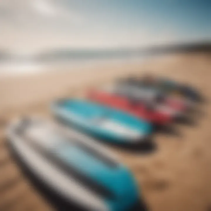 An array of kitesurfing boards displayed on a sandy shore, highlighting different types and styles.