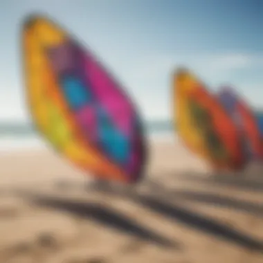 A close-up view of various kitesurfing kites laid out on a beach, showcasing different designs and colors.