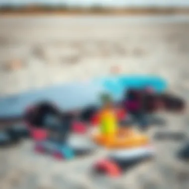 Essential Kiteboarding Gear Kiteboarding gear laid out on the beach