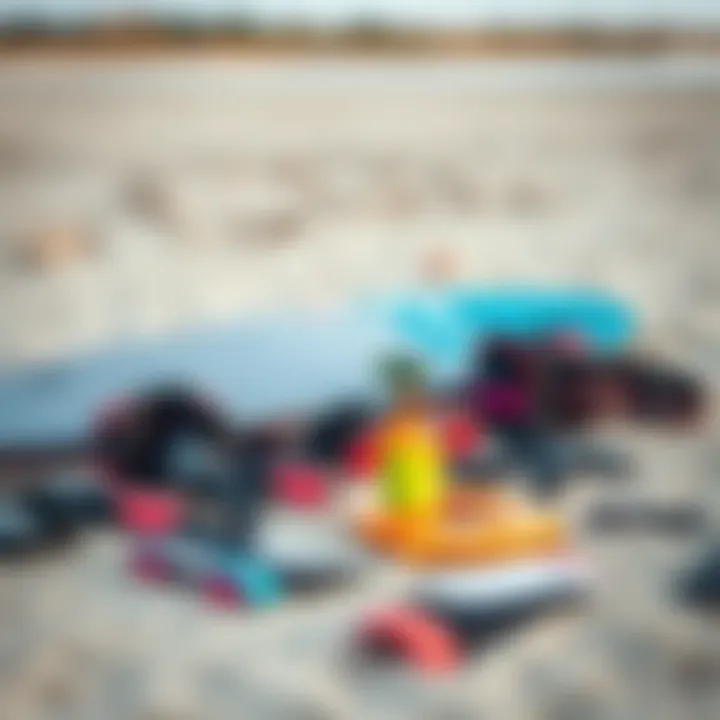 Essential Kiteboarding Gear Kiteboarding gear laid out on the beach