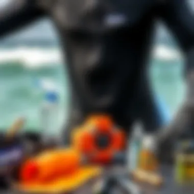 Wetsuit Maintenance Essentials Maintenance tips for wetsuits illustrated with cleaning tools and products