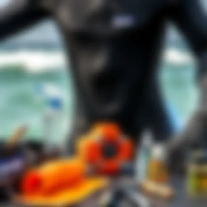 Wetsuit Maintenance Essentials Maintenance tips for wetsuits illustrated with cleaning tools and products