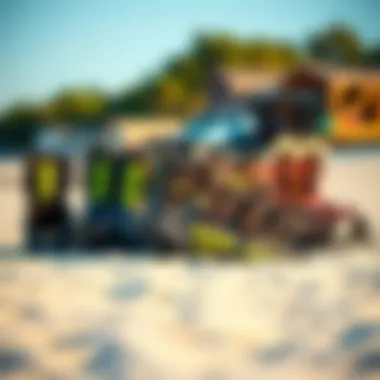 Variety of Ride LX Bindings for Kiteboarding Variety of Ride LX bindings displayed on a beach setting