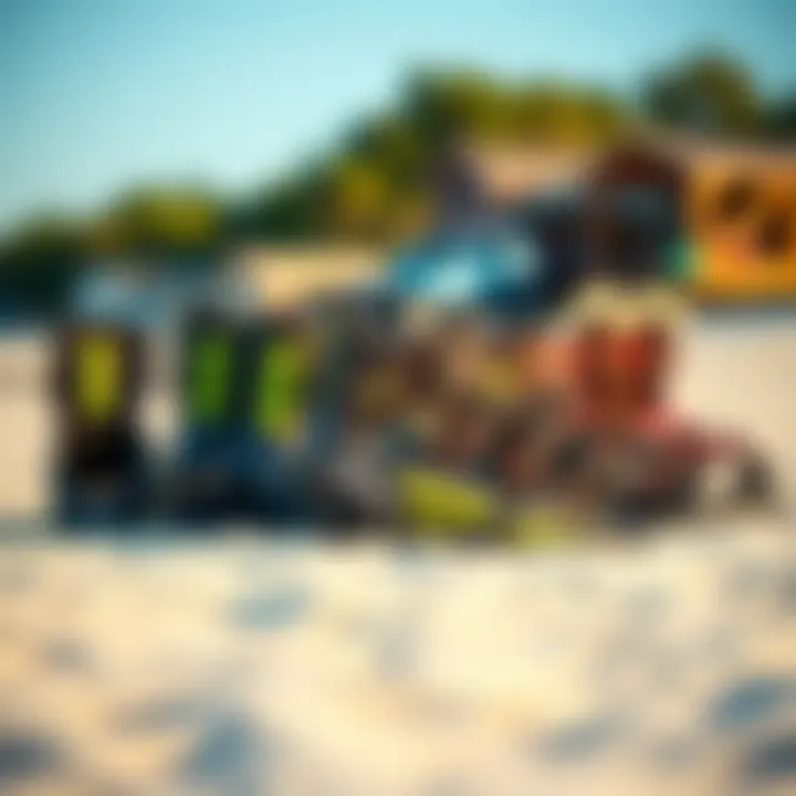 Variety of Ride LX Bindings for Kiteboarding Variety of Ride LX bindings displayed on a beach setting