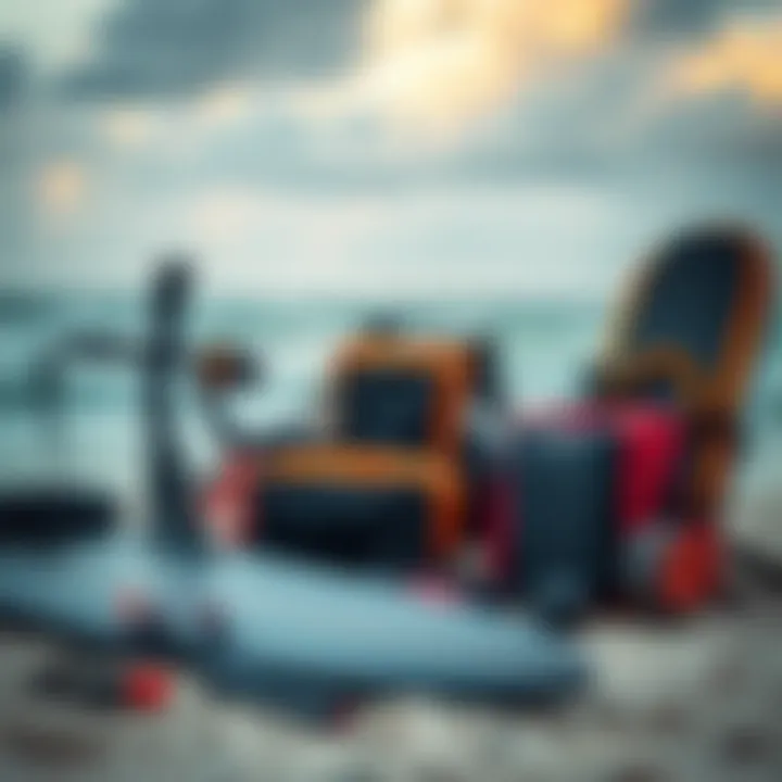 An array of high-quality surf kiting gear displayed on the beach