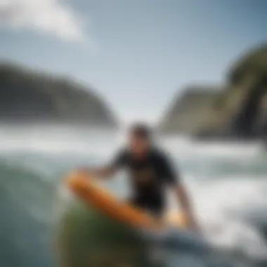 A surfer wearing a flotation vest during a wave ride