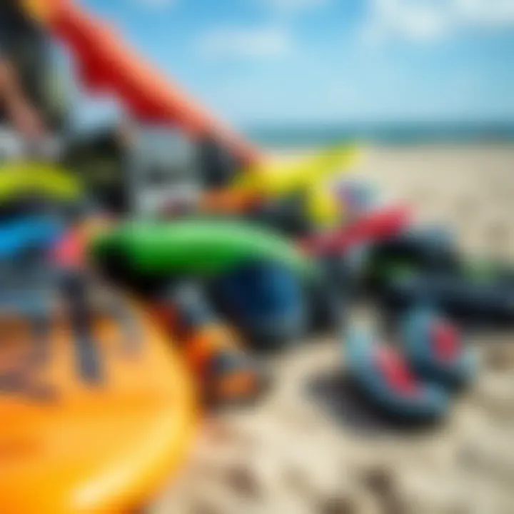 Essential Kiteboarding Gear An assortment of essential kiteboarding gear laid out for preparation