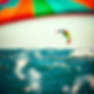 Surfing Kite in Action A vivid close-up of a colorful surfing kite in action above the ocean waves