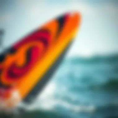 Kiteboard Detail in Motion Close-up of a kiteboard with a vibrant design during a backroll