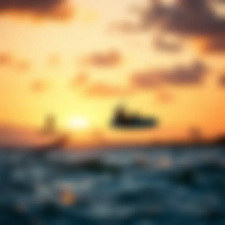 Kiteboarders at Sunset A scenic view of kiteboarders engaging in backrolls at sunset