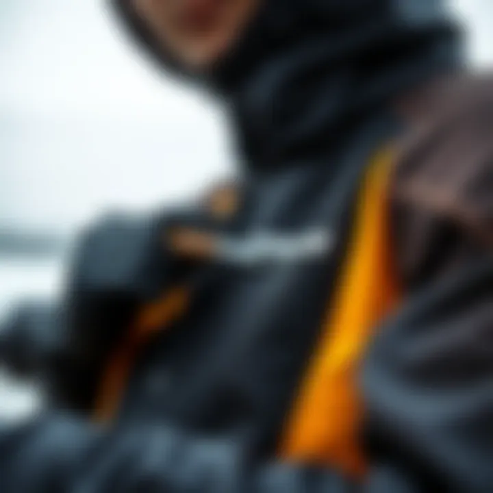 Close-up of a repaired dry suit showing patch application