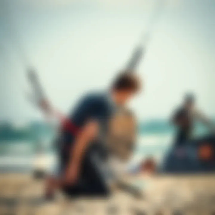 Achieving the Perfect Fit A kitesurfer adjusting their seat harness for a perfect fit on the beach.