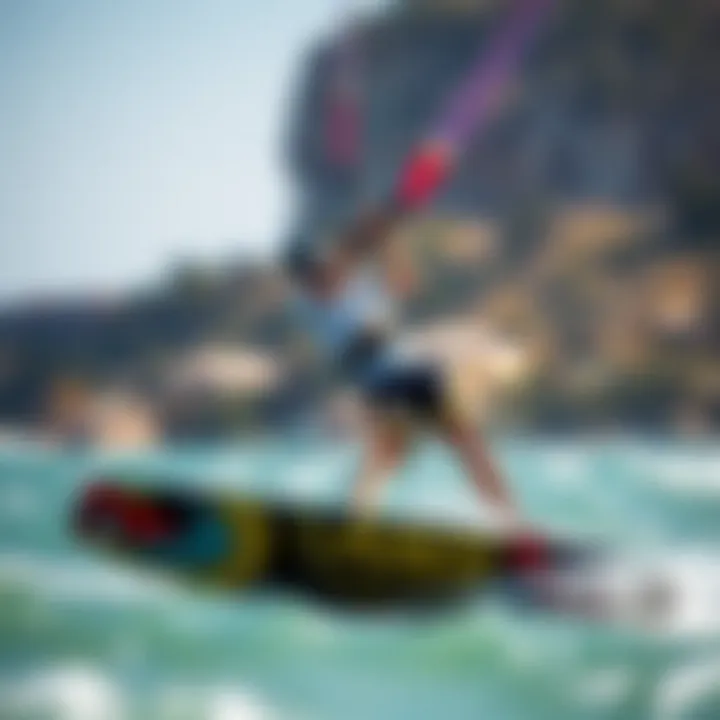 Dynamic Kiteboarding Maneuvers Kiteboarder performing maneuvers with hydro foiling