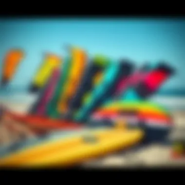 A vibrant array of used kite surfing gear showcased on a beach.