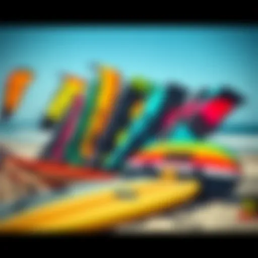 A vibrant array of used kite surfing gear showcased on a beach.
