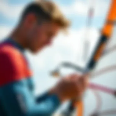 A kite surfer inspecting the quality of a second-hand kite before purchase.