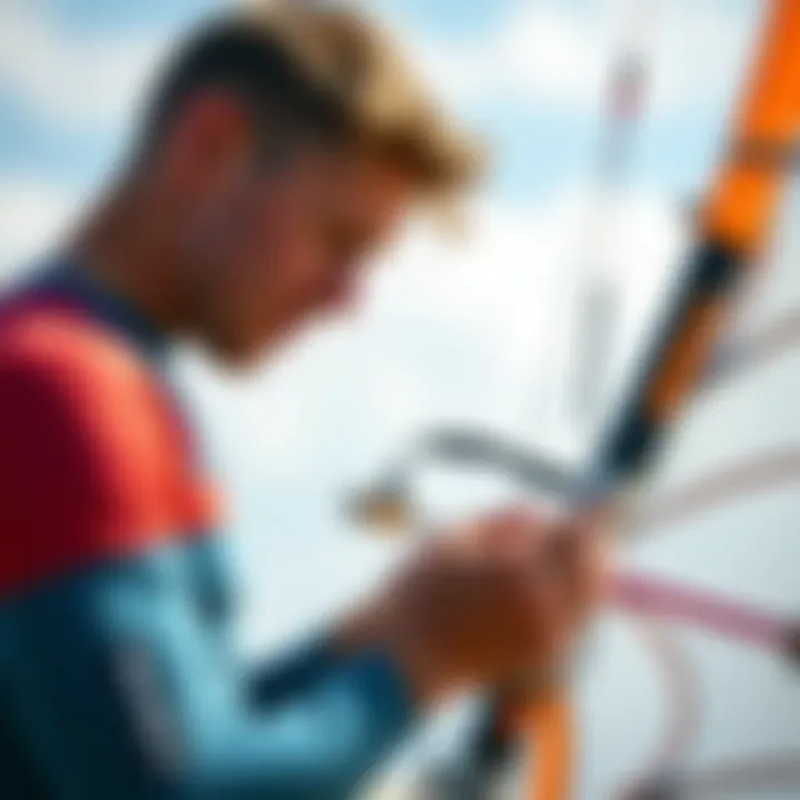 A kite surfer inspecting the quality of a second-hand kite before purchase.