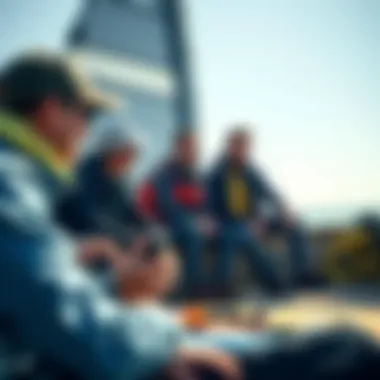 A group of kite surfers discussing market trends and gear accessibility.